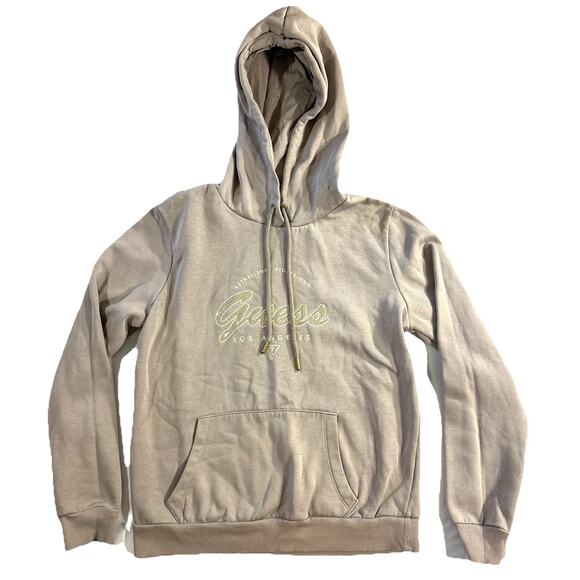 Guess Los Angeles Hoodie Beige Tan Pullover Sweatshirt Size M Logo Rhinestone - Picture 1 of 8
